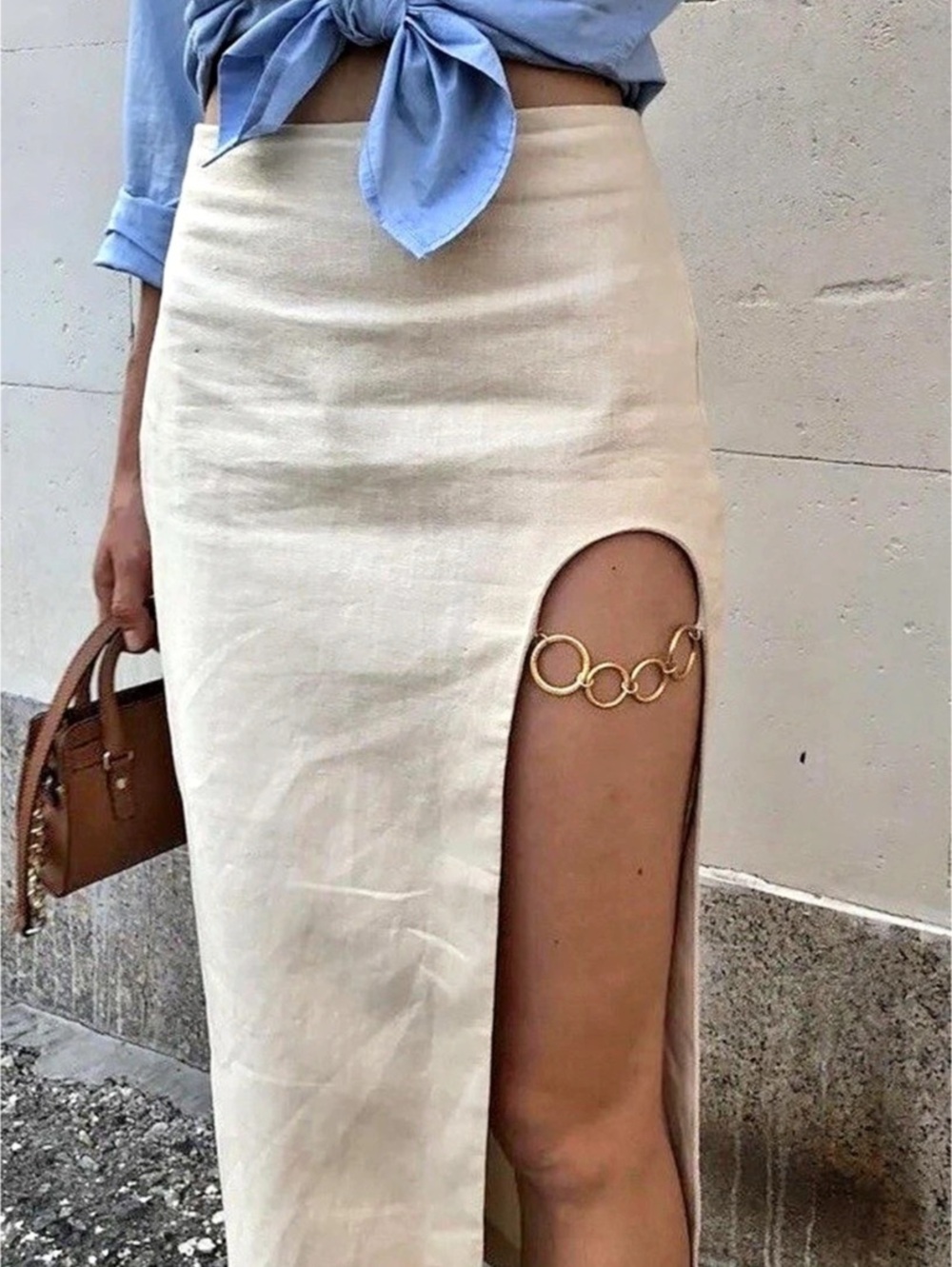 {zara} linen gold chain slit pencil midi skirt